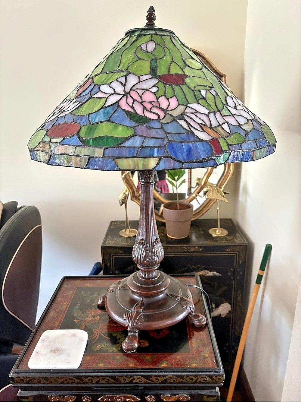 Floral Tiffany-Style Table Lamp in Green & Blue